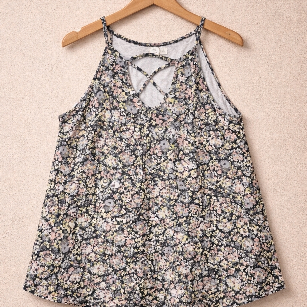 Floral Crisscross Tank Top - Black and Cream